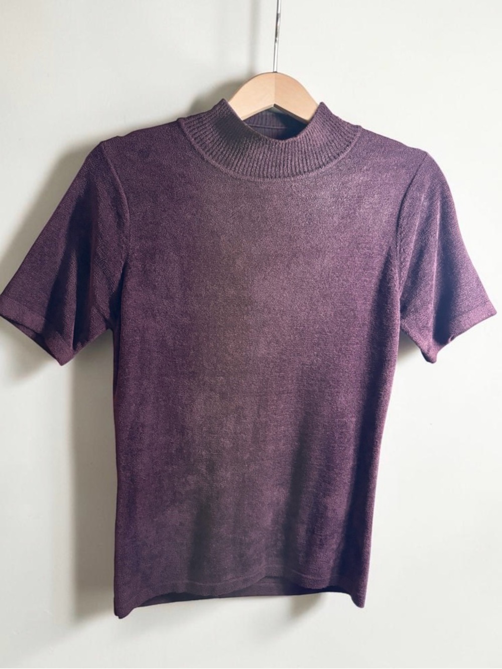 Jessica Vintage Velvet-Knit Funnel-Neck Short Sleeve Sweater in Plum